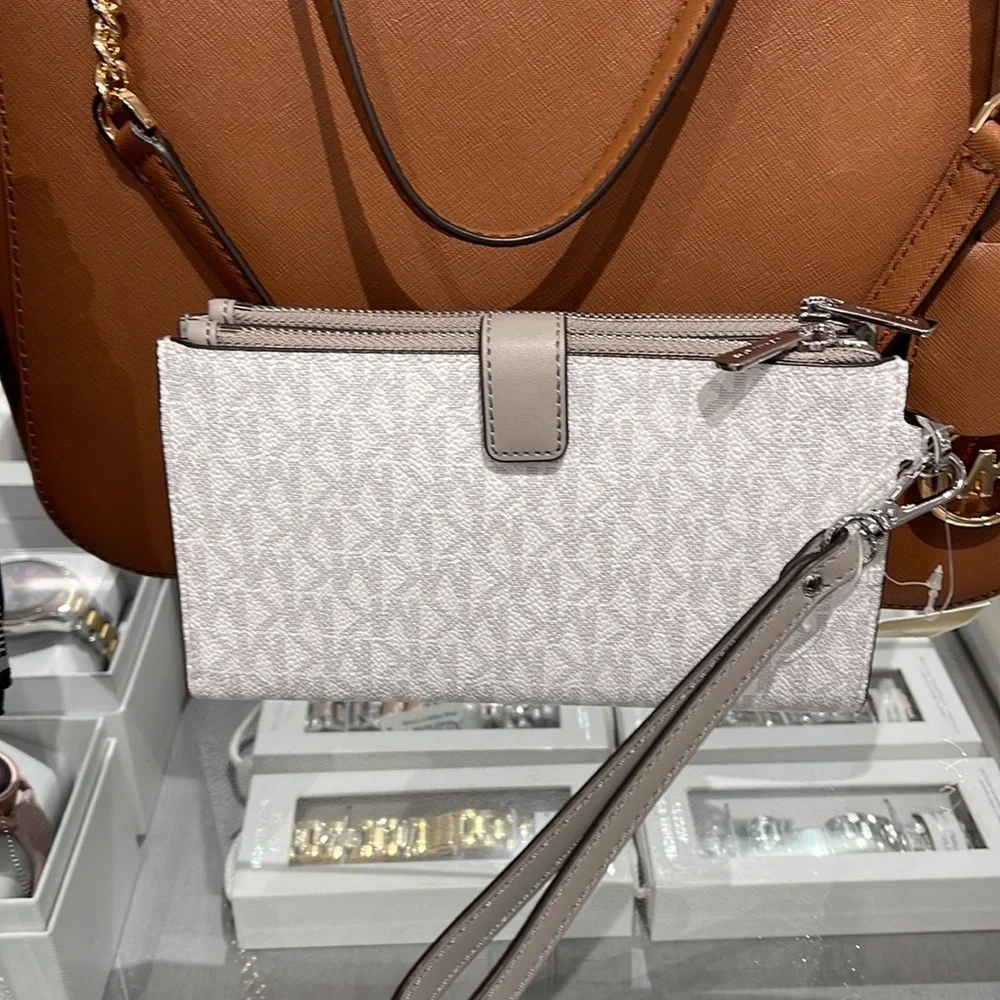 MICHAEL KORS LARGE DOUBLE ZIP WRISTLET PHONEHOLDER WALLET CLUTCH BRIGHT WHITE